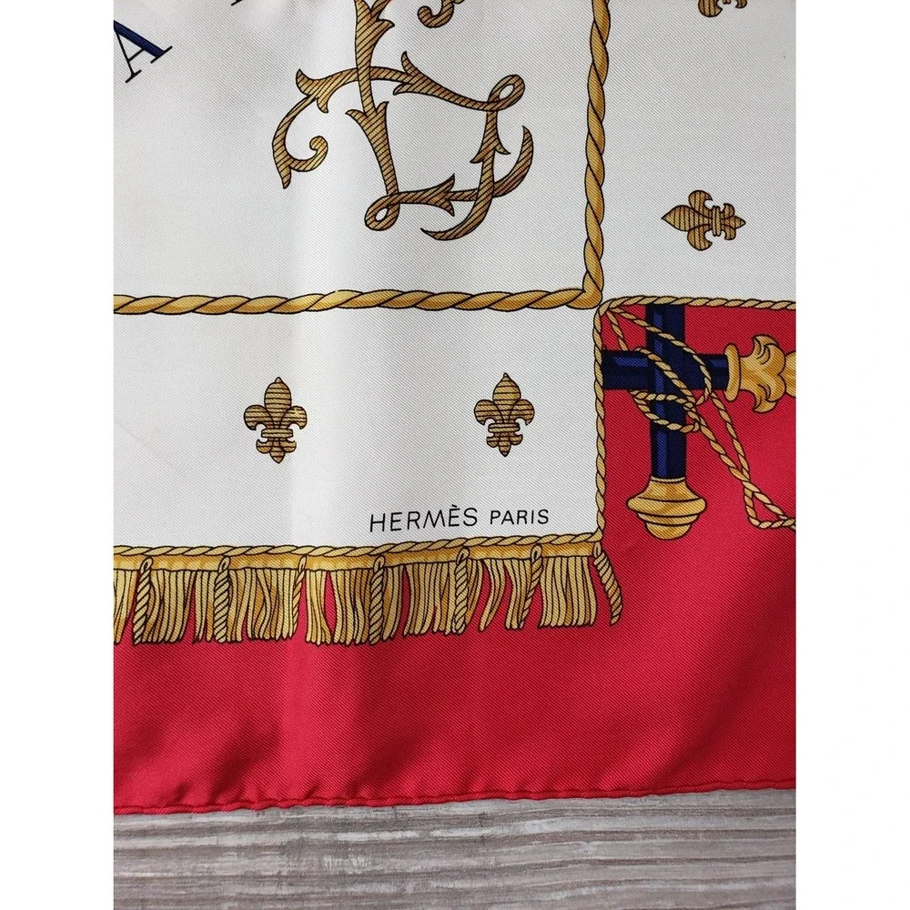 Hermès Vue du Carrosse de La Réale Silk Scarf 35x35 Red Navy Gold White